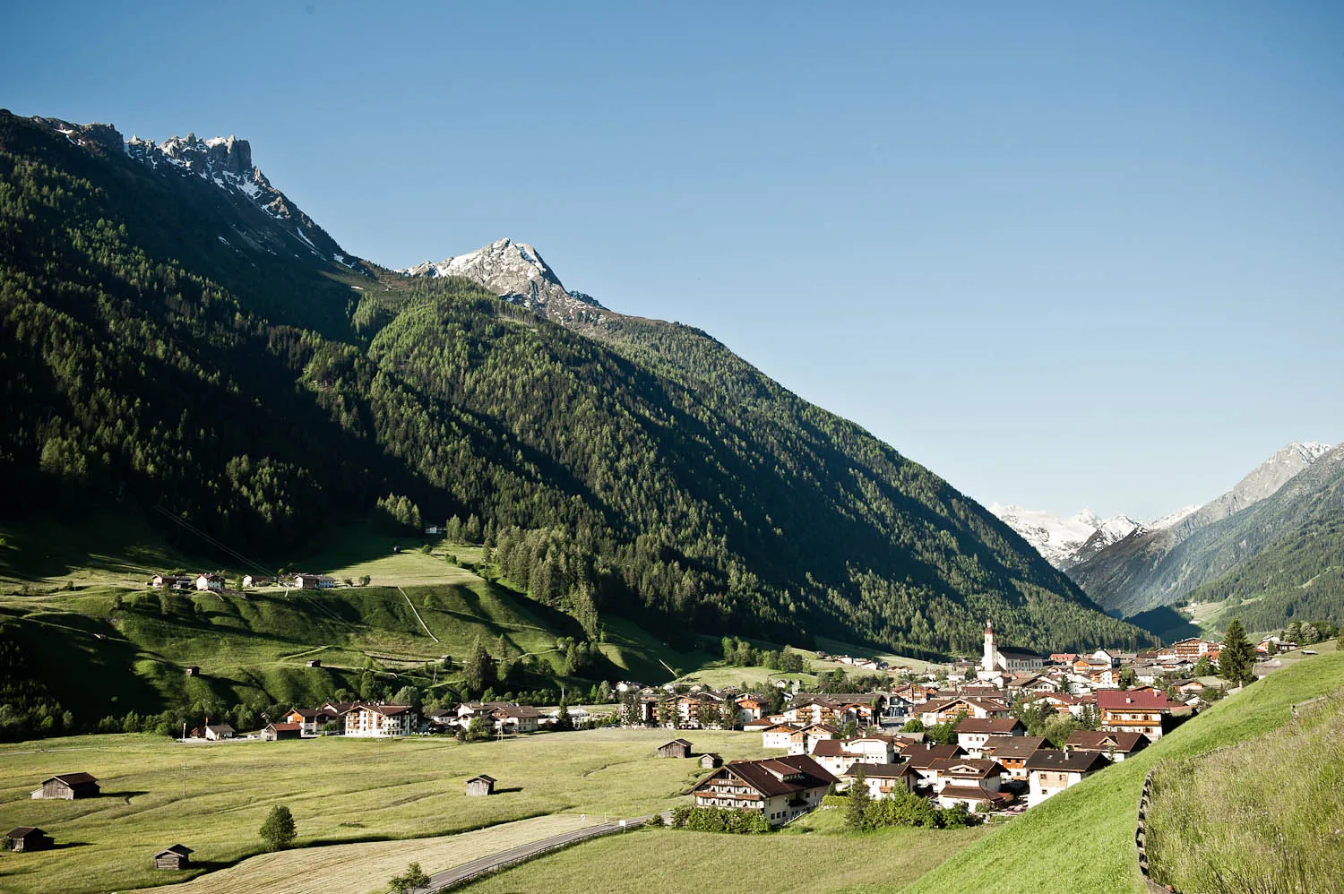 View of Neustift im Stubaital with the parish church